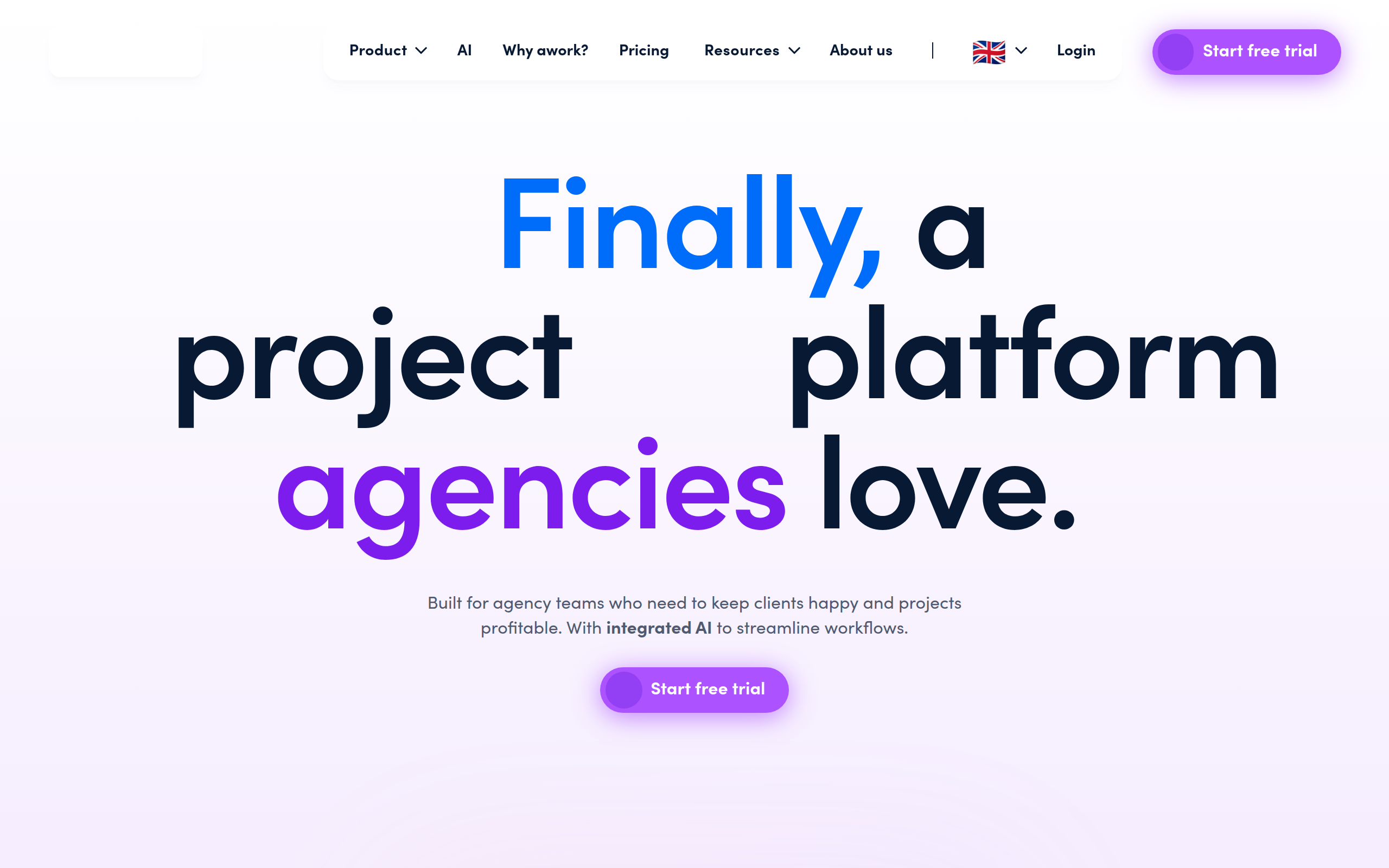 Front-page screenshot of the Awork website, showing its interface and branding.